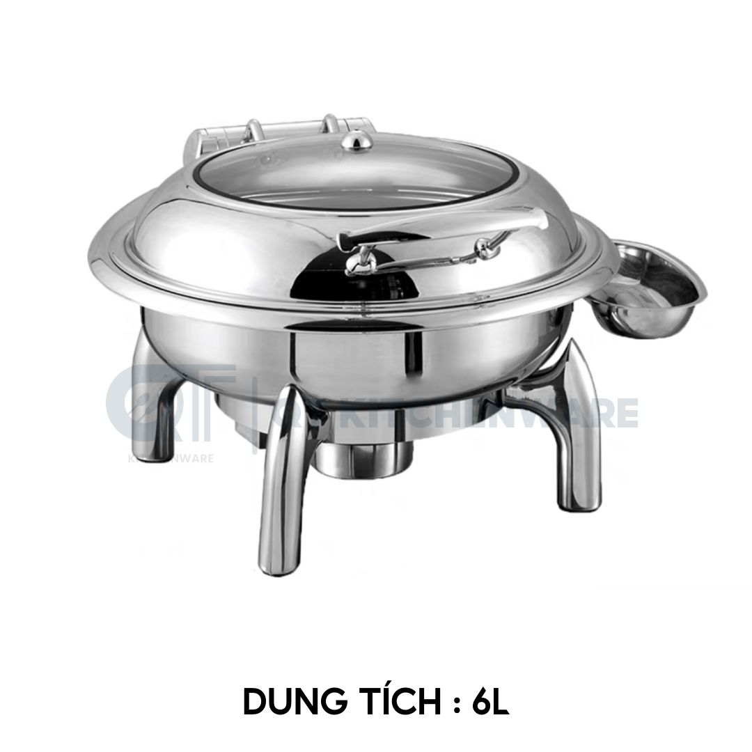 Nồi hâm buffet tròn nắp kính gắn trục thủy lực F018